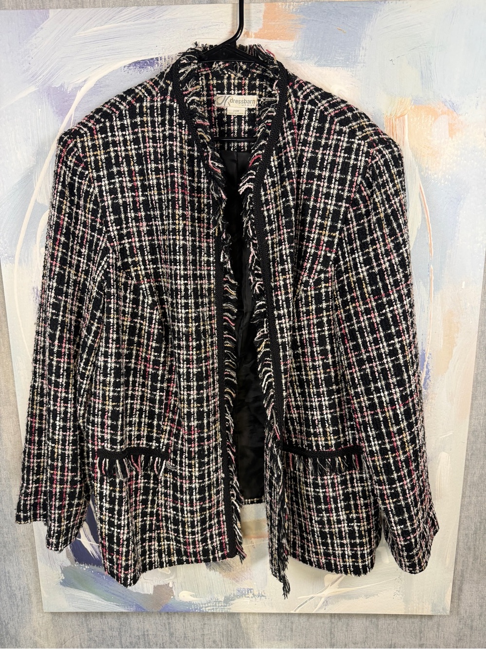 Dressbarn 24W Tweed Fringe Jacket Black Pink Plaid Open Front Blazer